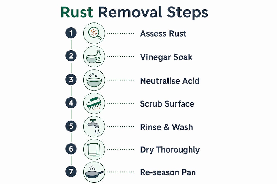 Infographic detailing rust removal steps for carbon steel pan