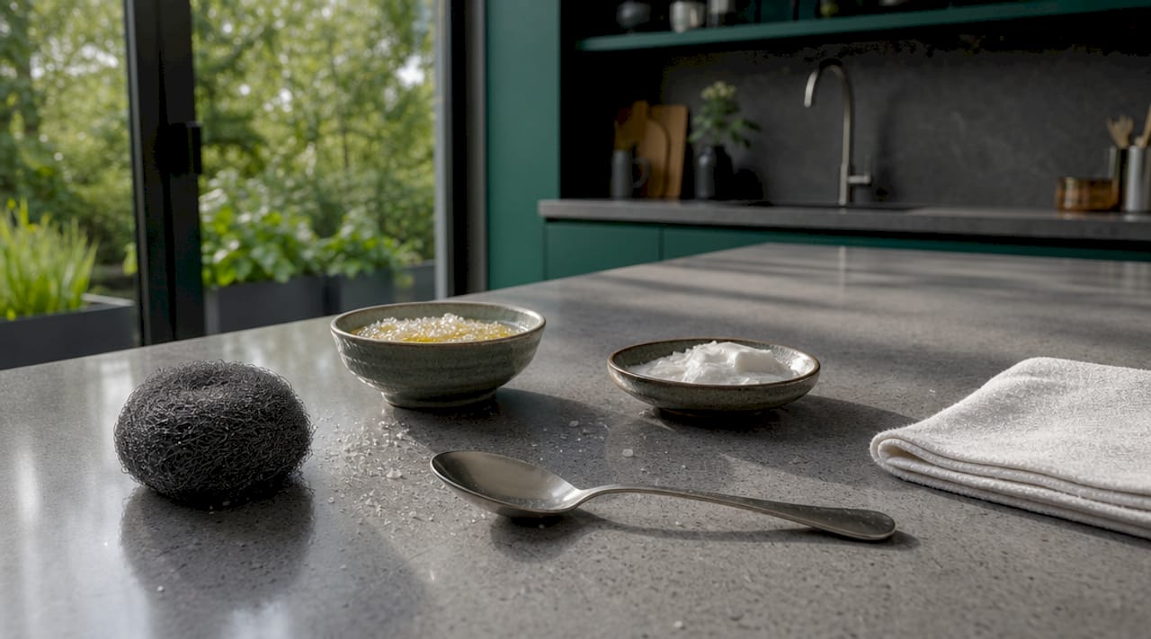 Close-up of rust removal tools on kitchen counter