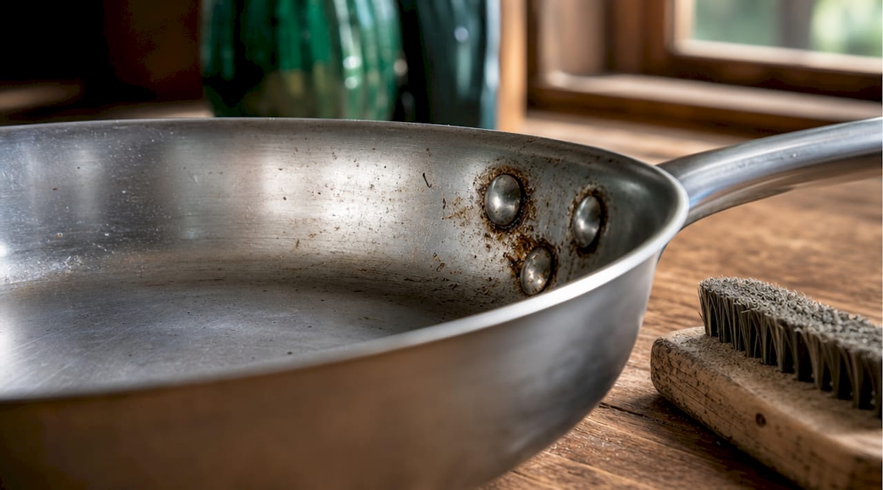 Close-up dirty rivet crevices in pan