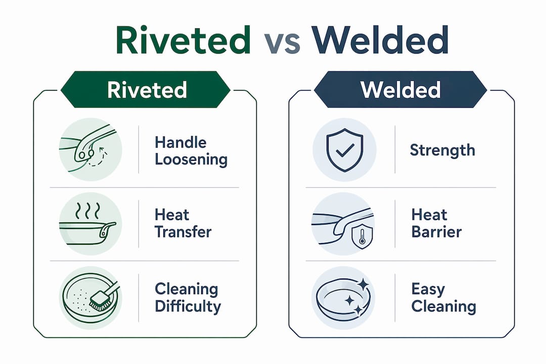 Infographic comparing riveted and welded pans