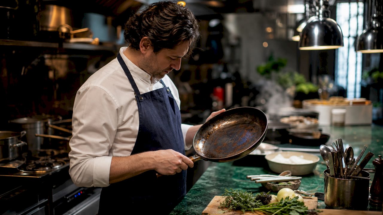 Chef examining seasoned carbon steel pan