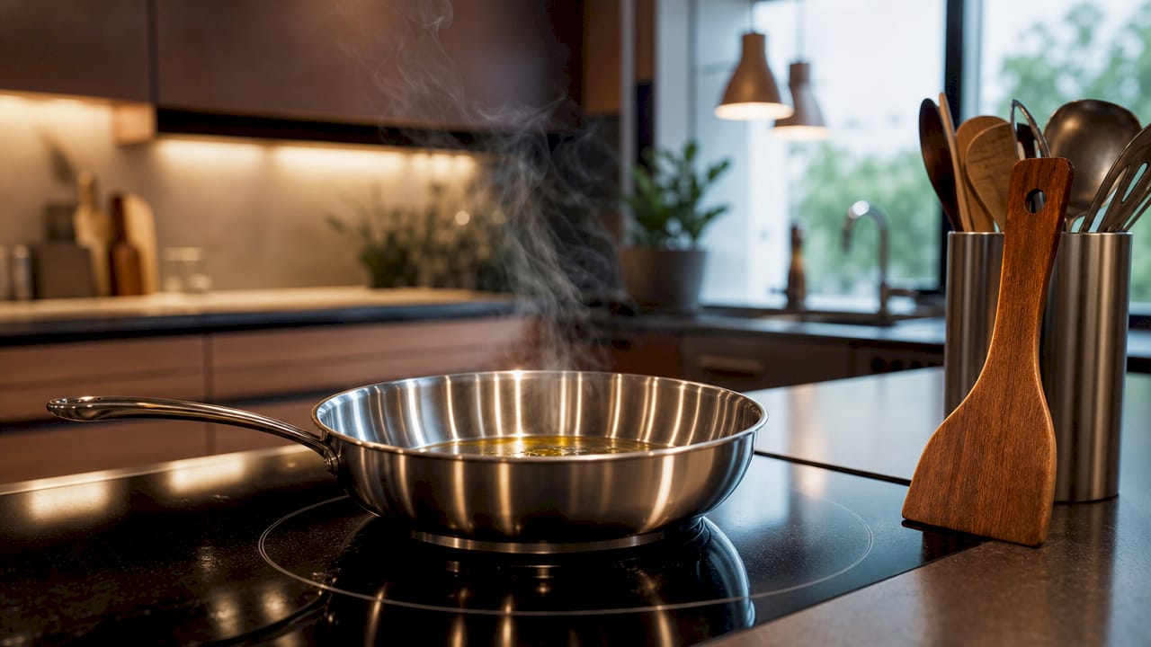 Close-up overhead of stainless steel pan heating
