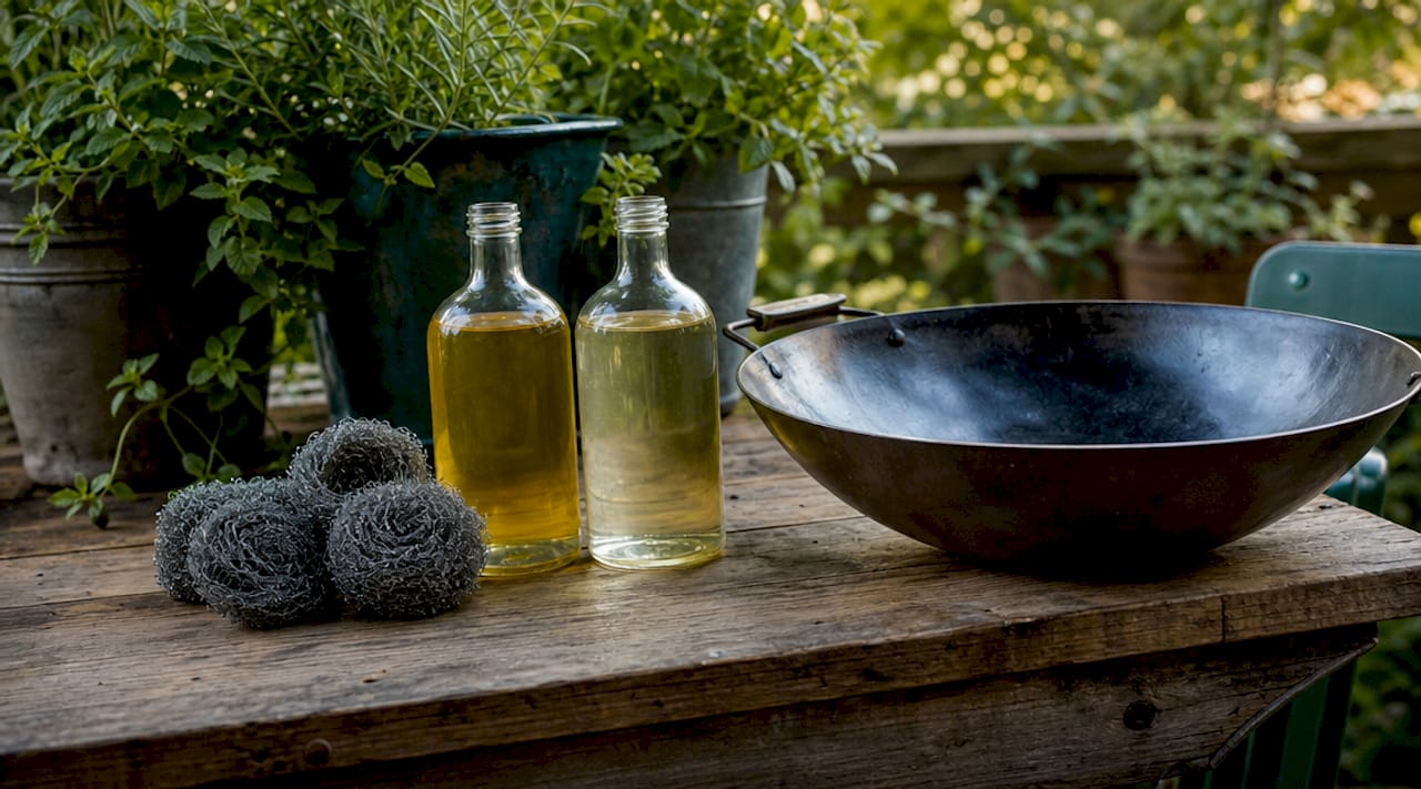 Wok seasoning tools and oils on countertop