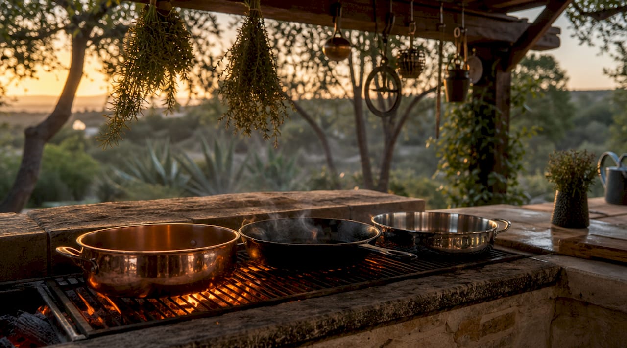 Close-up of copper, steel, and cast iron pans heating