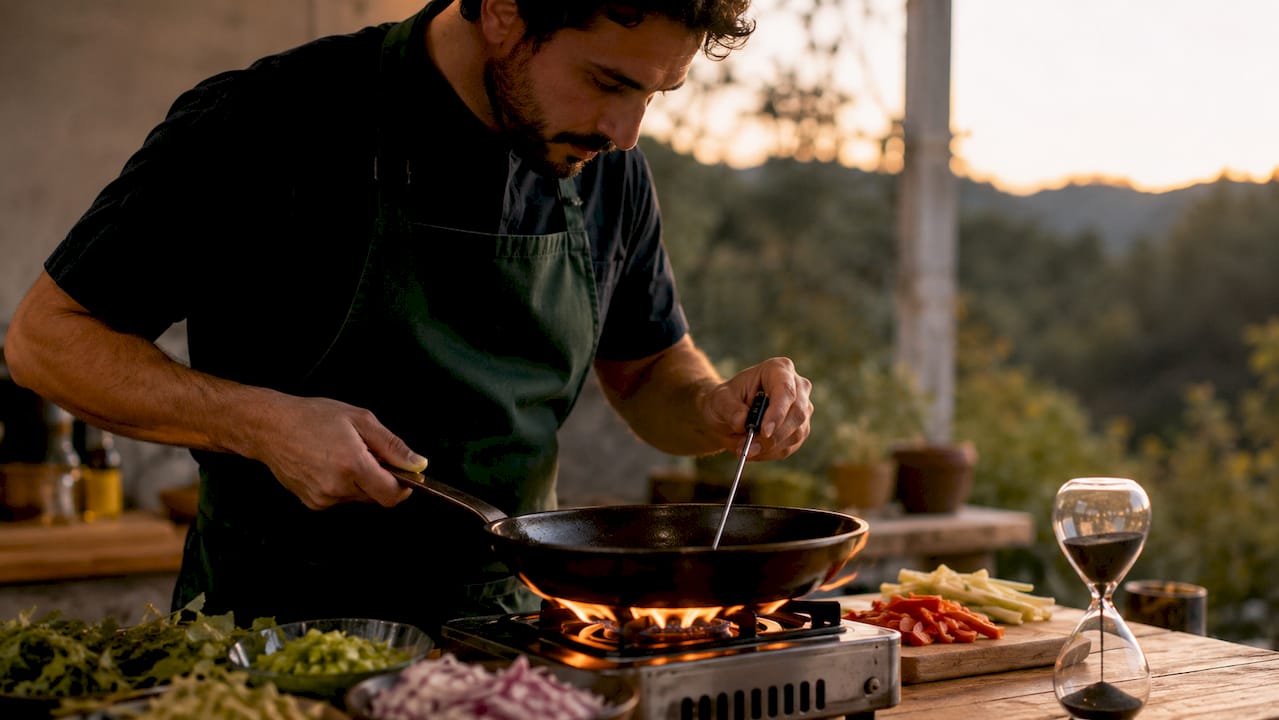 Chef testing heat behavior of carbon steel pan