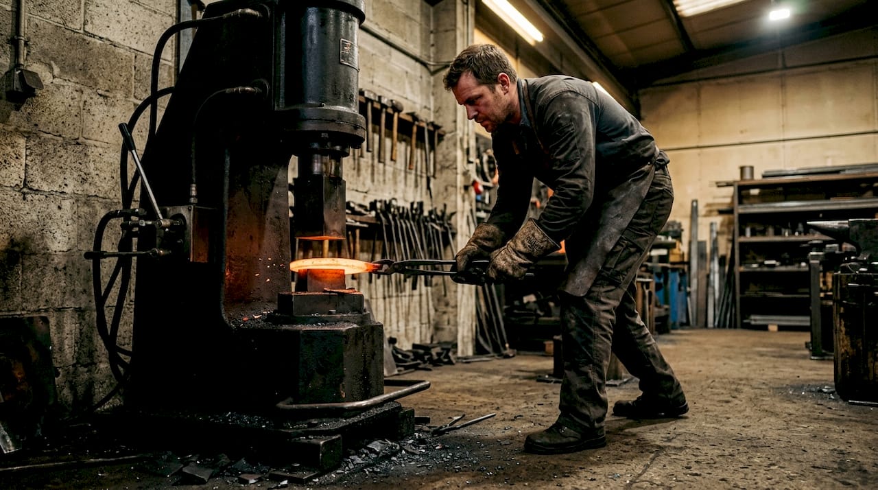 Craftsman forging heated cookware metal sheet