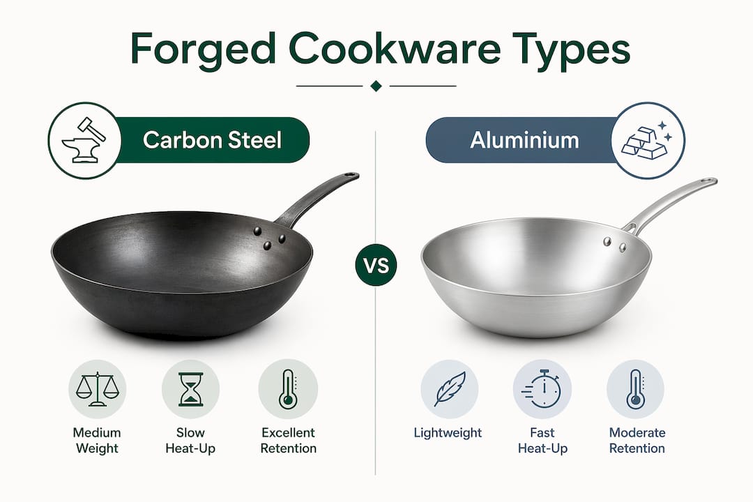 Infographic comparing forged carbon steel and aluminium cookware