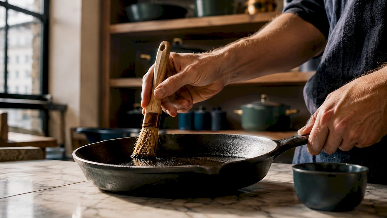 Hands seasoning cast iron skillet on wooden table