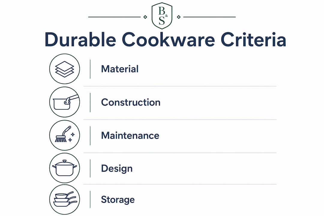 Infographic listing key durable cookware criteria in vertical steps