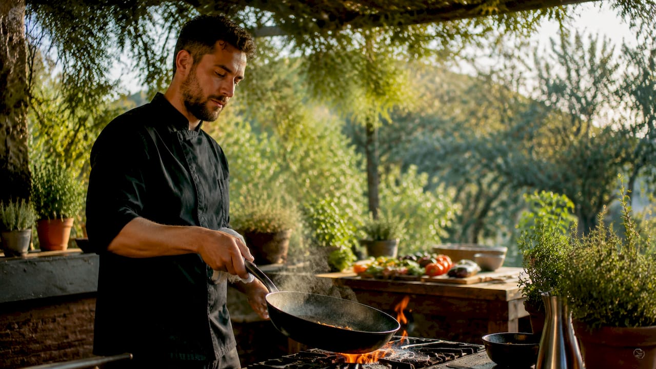 Chef using seasoned carbon steel pan in kitchen
