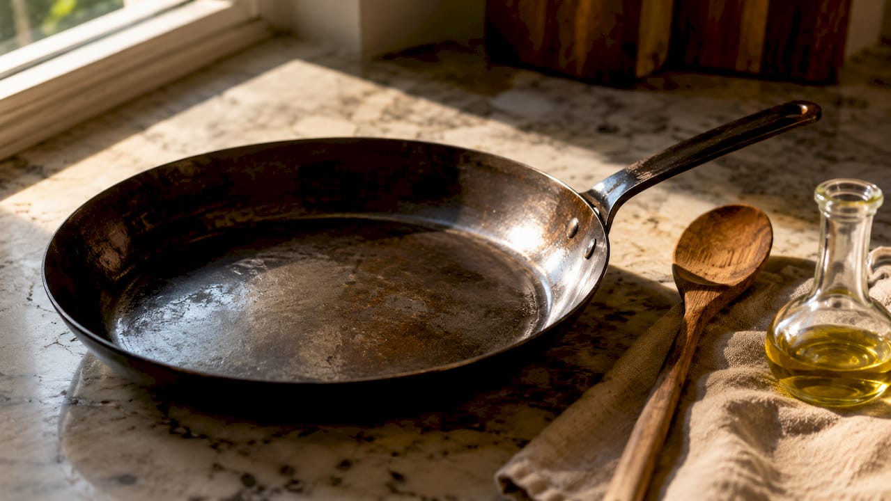 Close-up of seasoned carbon steel pan with patina