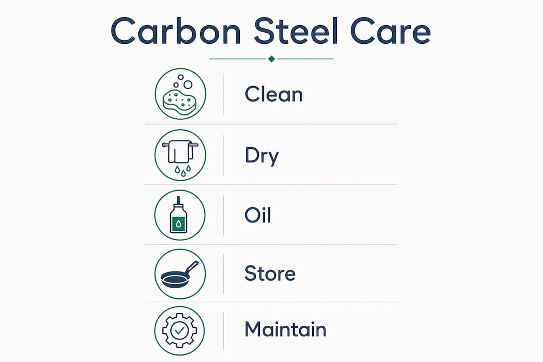 Infographic showing carbon steel cookware care steps
