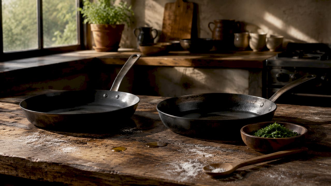 Close-up of carbon steel pans of different thicknesses