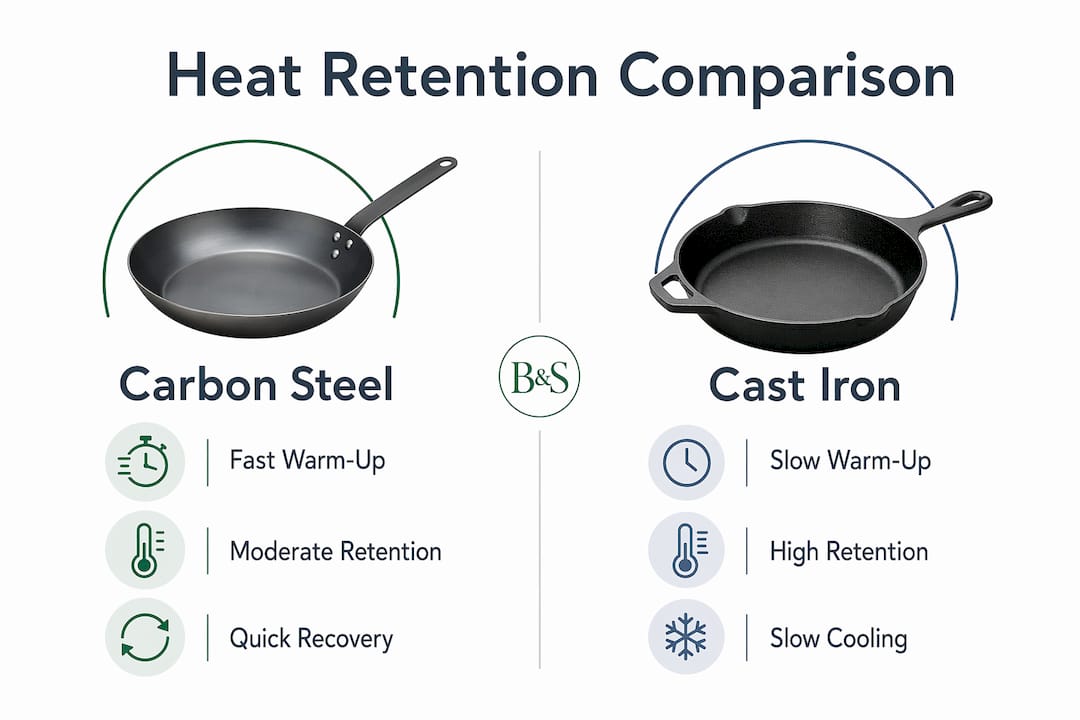 Infographic comparing heat retention of carbon steel and cast iron