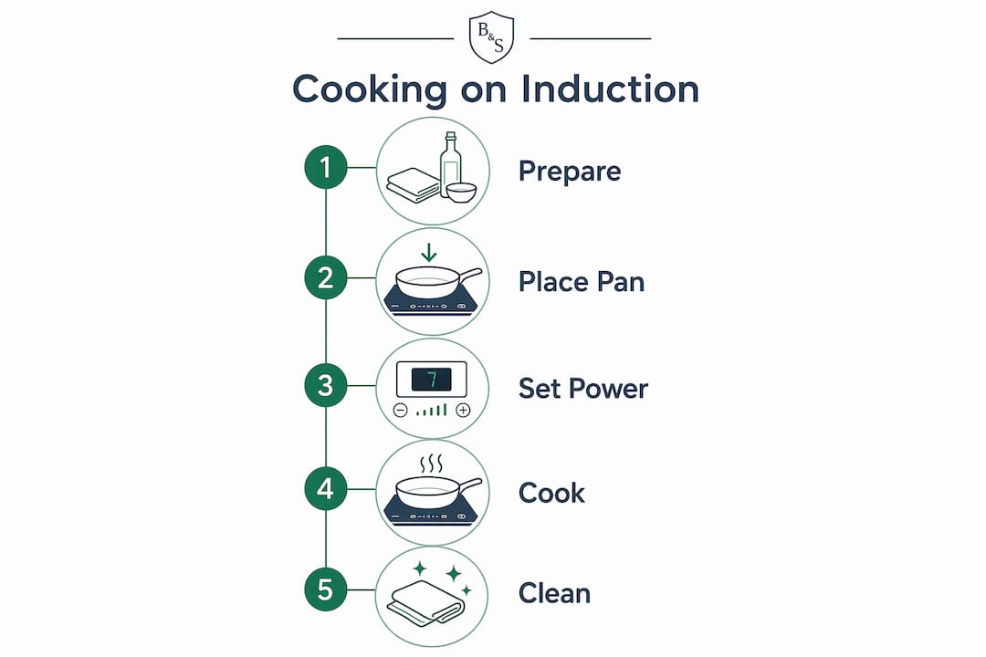 Infographic outlining steps for cooking on induction cooktop