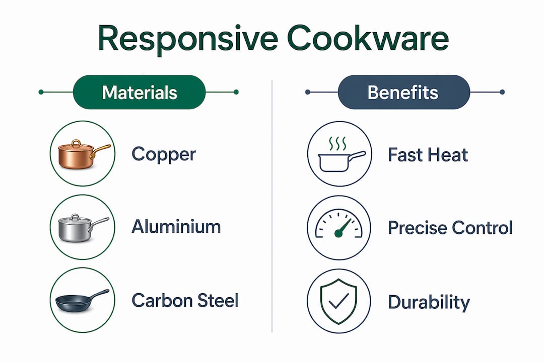 Infographic comparing materials and benefits of responsive cookware