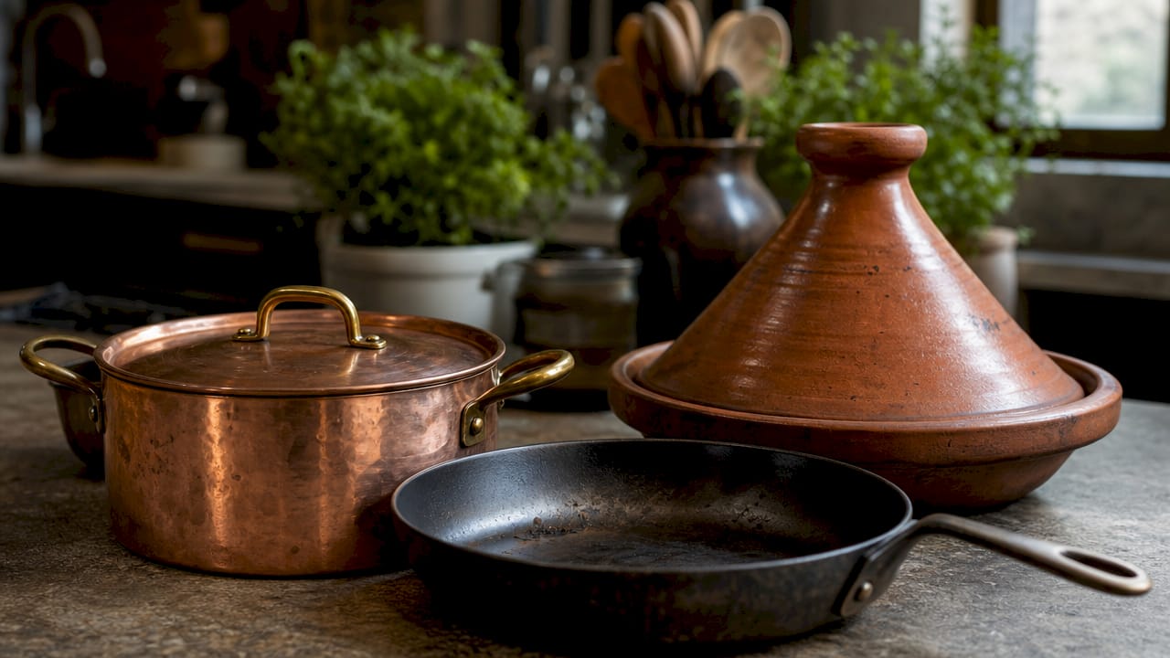 Close-up of artisan cookware materials and textures