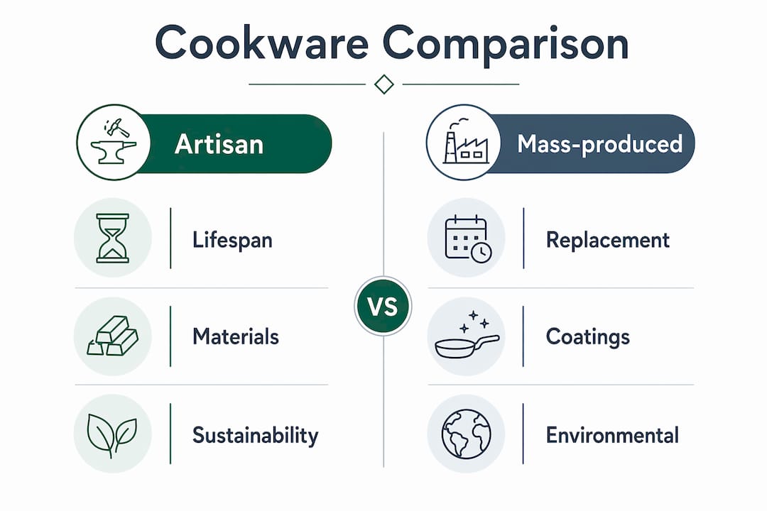 Infographic comparing artisan and mass-produced cookware features