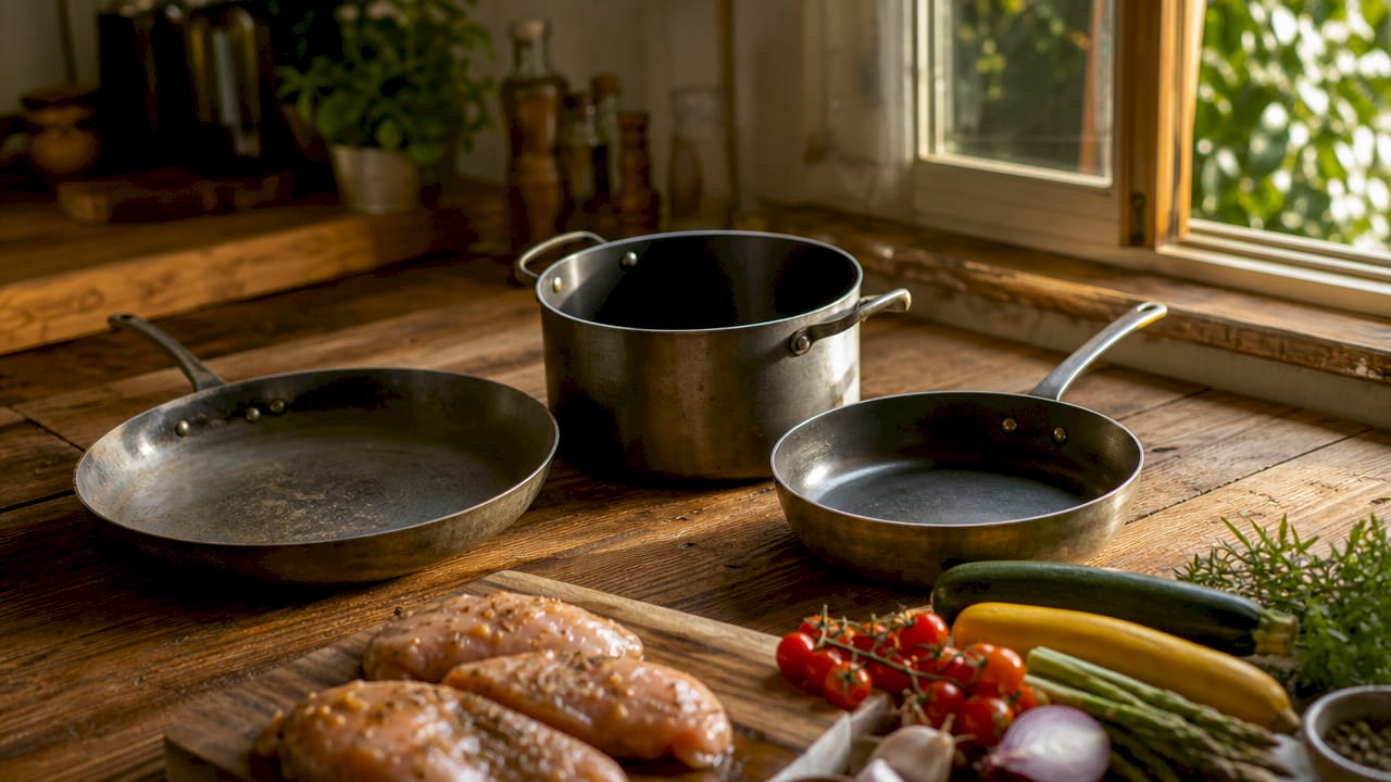 Varied pan shapes on wooden surface