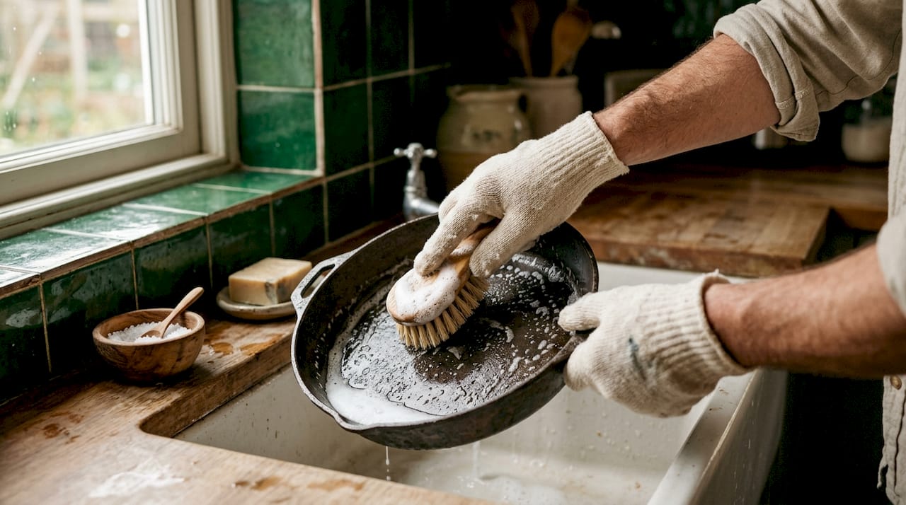 Hands cleaning cast iron skillet under water