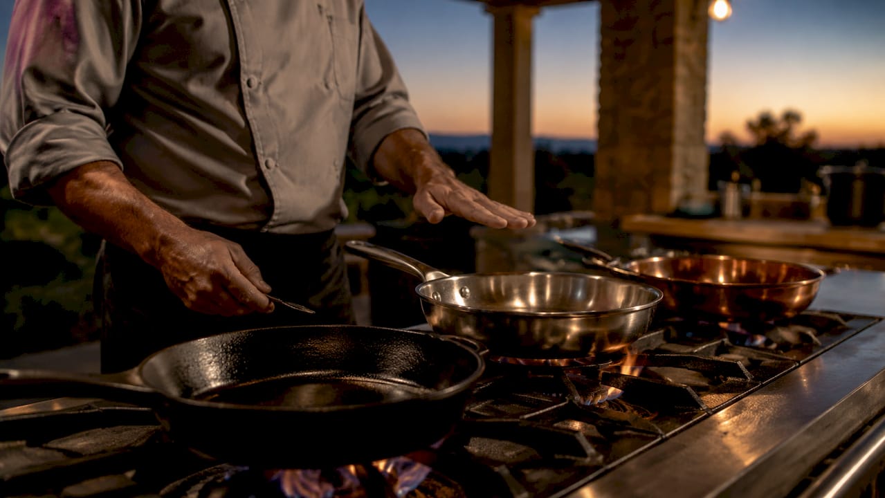 Hands testing heat on different restaurant pans