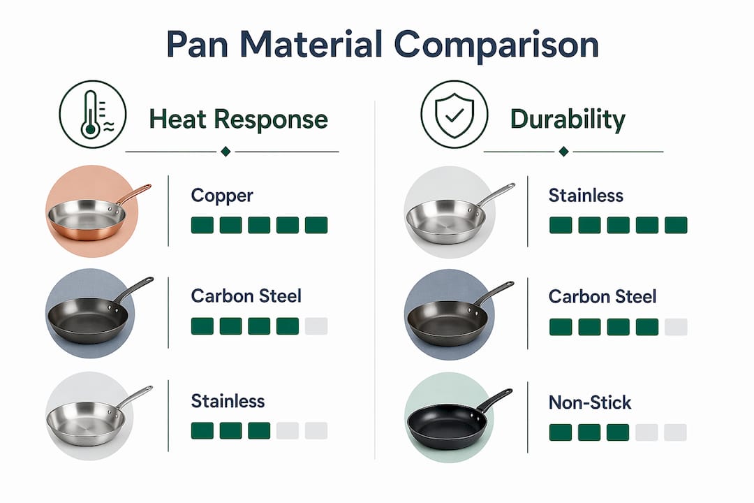 Infographic comparing pan materials by heat response and durability