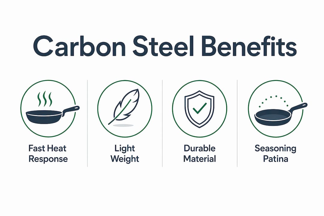 Infographic with key carbon steel cookware features