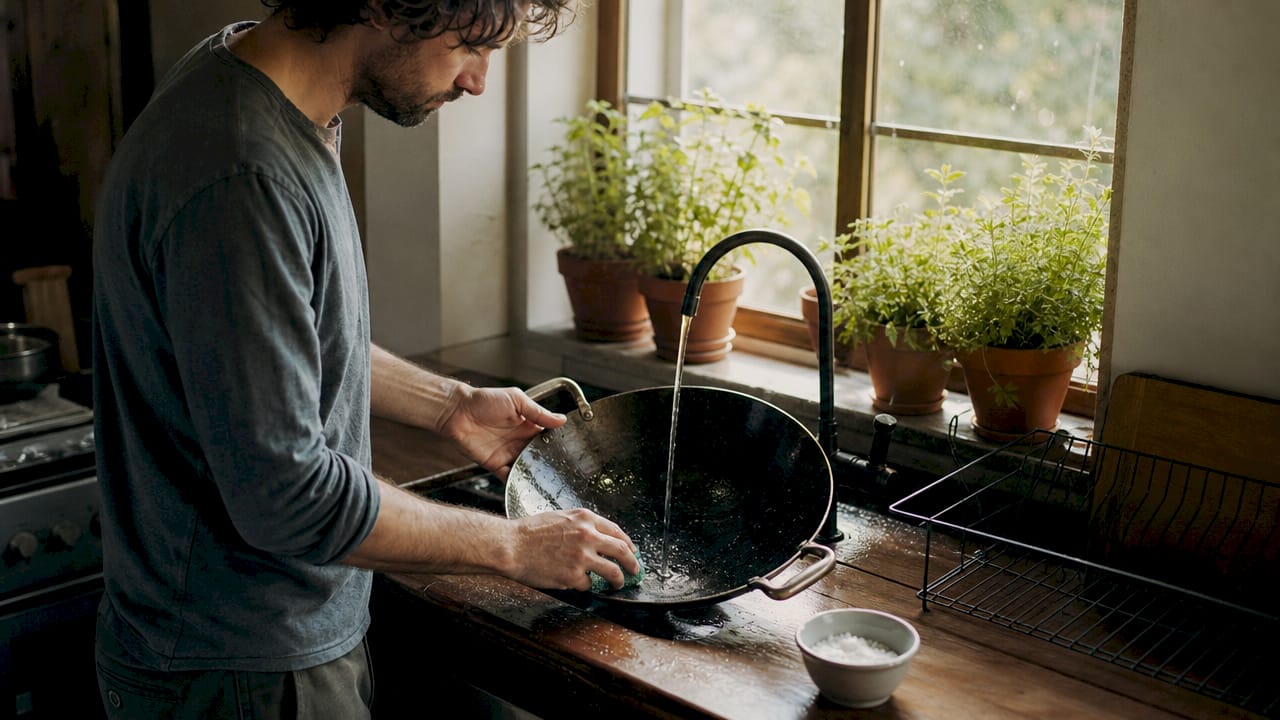 Hands cleaning carbon steel wok under tap