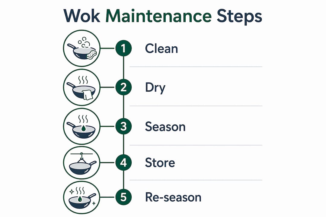 Infographic illustrating steps for carbon steel wok care