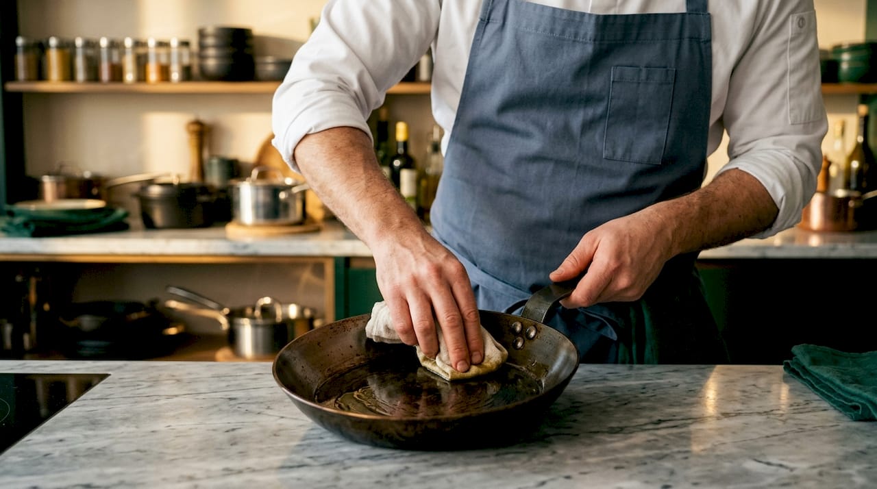 Chef seasoning carbon steel pan on induction stove