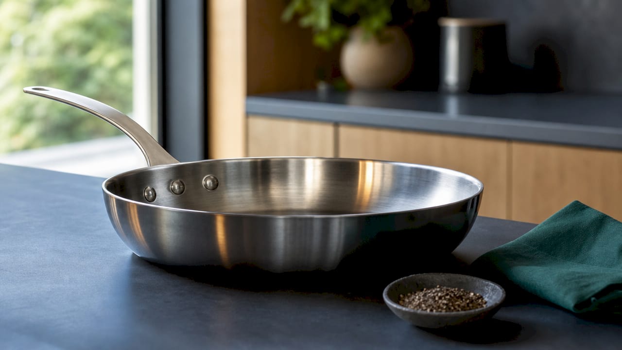 Close-up of carbon steel pan on wooden table