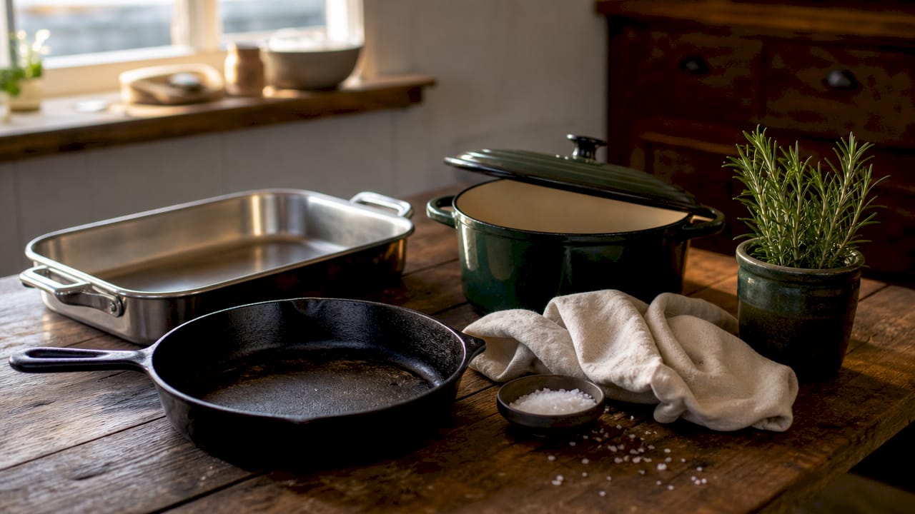 Close-up overhead shot of various oven safe cookware