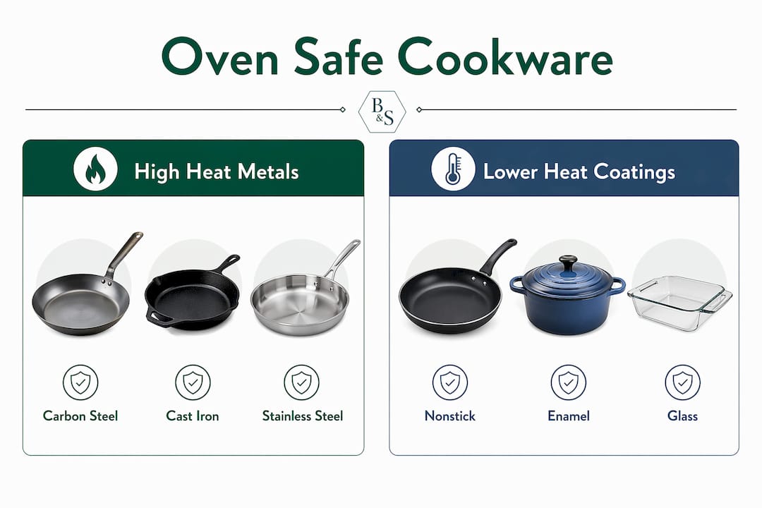 Infographic comparing oven safe cookware materials and heat tolerance