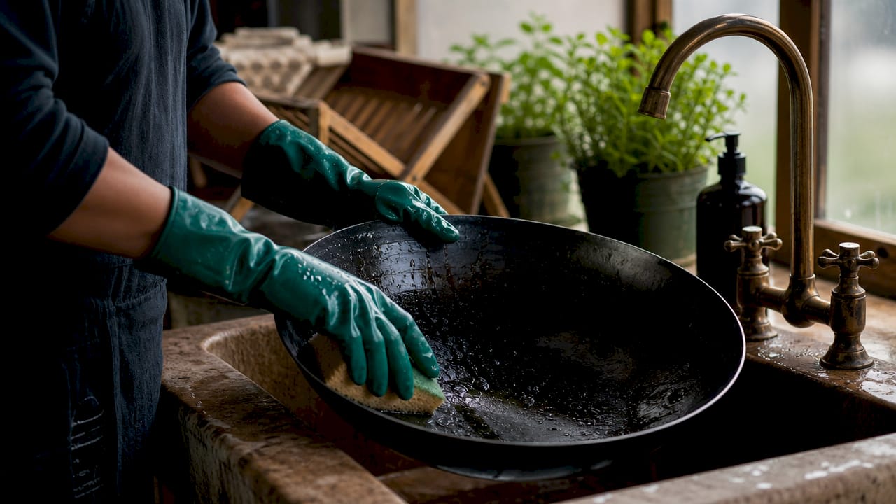 Hands cleaning carbon steel wok with sponge