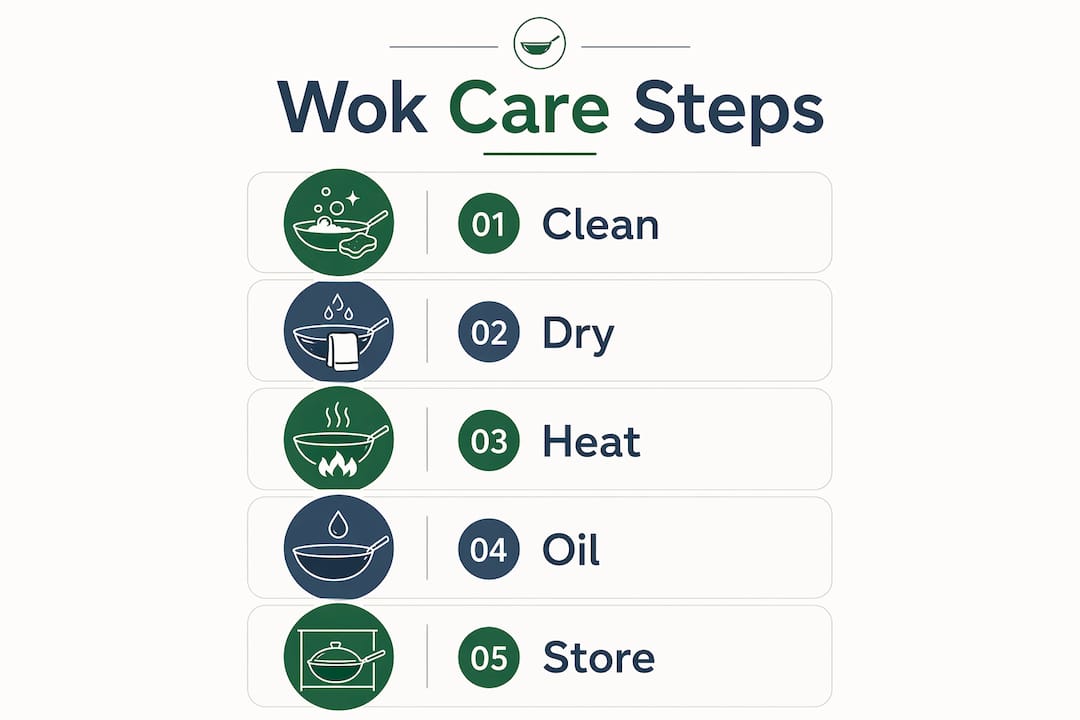Step-by-step infographic on caring for carbon steel wok