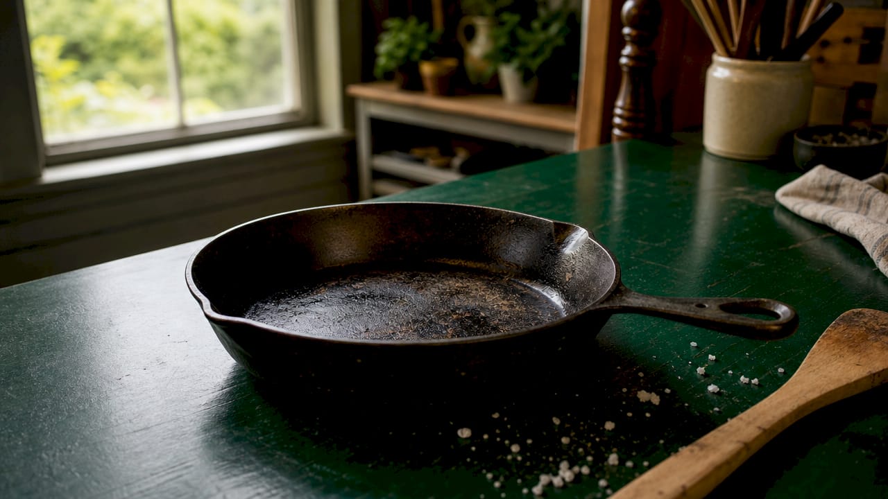 Overhead of cast iron skillet with sticky seasoning residue