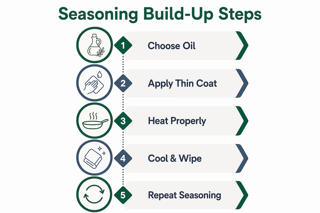 Infographic outlining seasoning build-up management steps