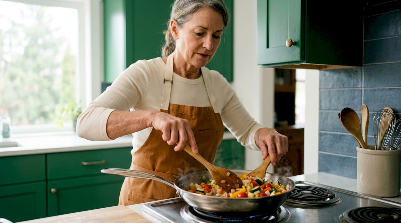 Hands cooking vegetables in stainless steel skillet