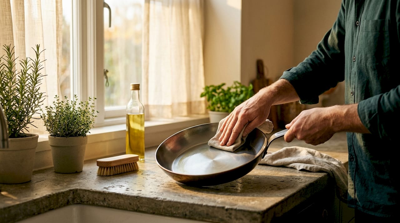 Hands re-seasoning carbon steel pan at kitchen table