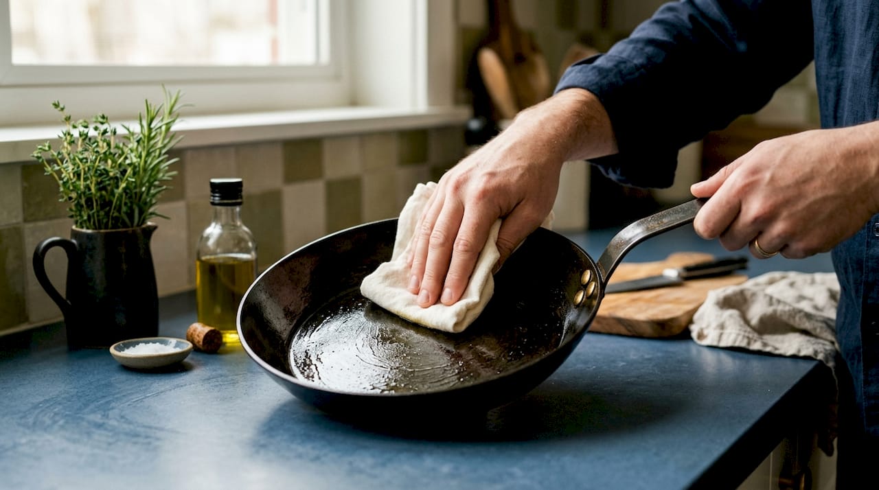 Hands applying grapeseed oil to pan surface