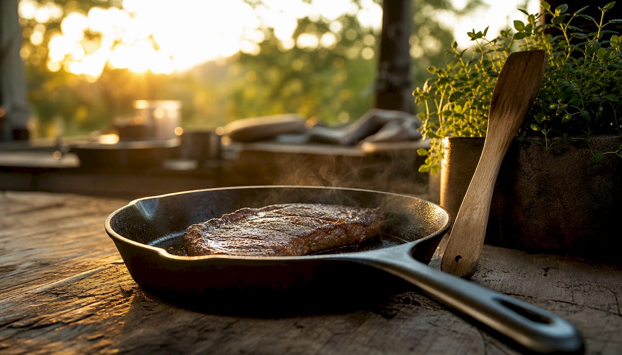 Thick pan searing steak on stovetop