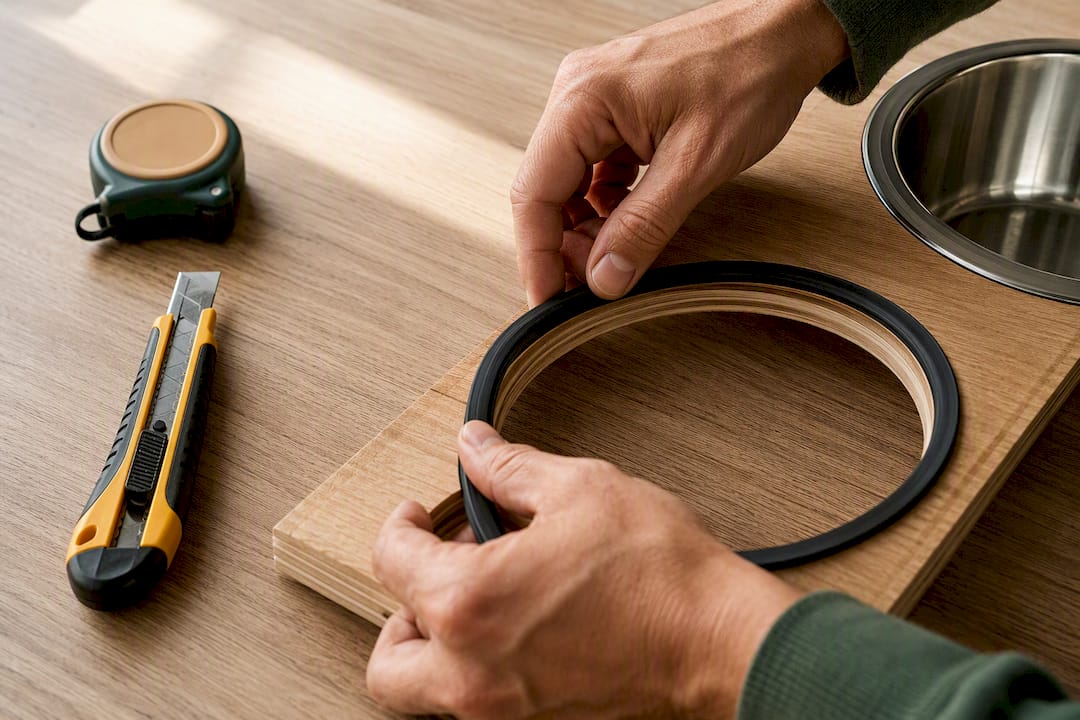 Hands fitting weatherstrip around bowl insert