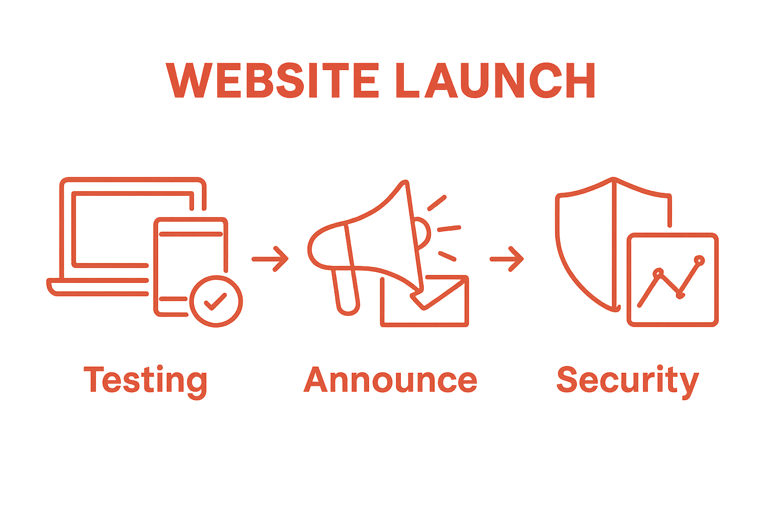 Three-step website launch infographic with testing, announcing, and monitoring visuals