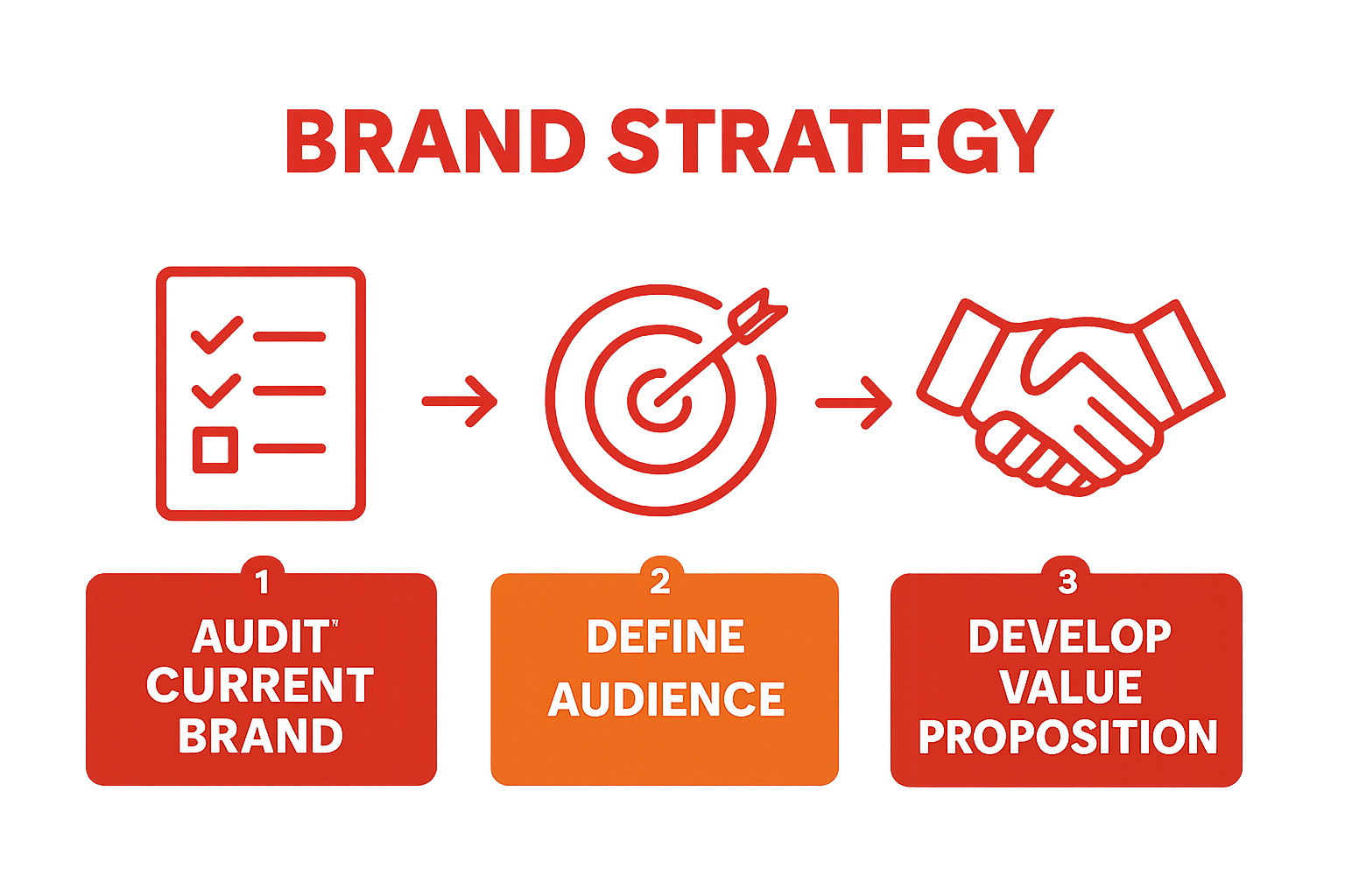 Infographic: three simple icons for auditing brand, defining audience, developing value proposition