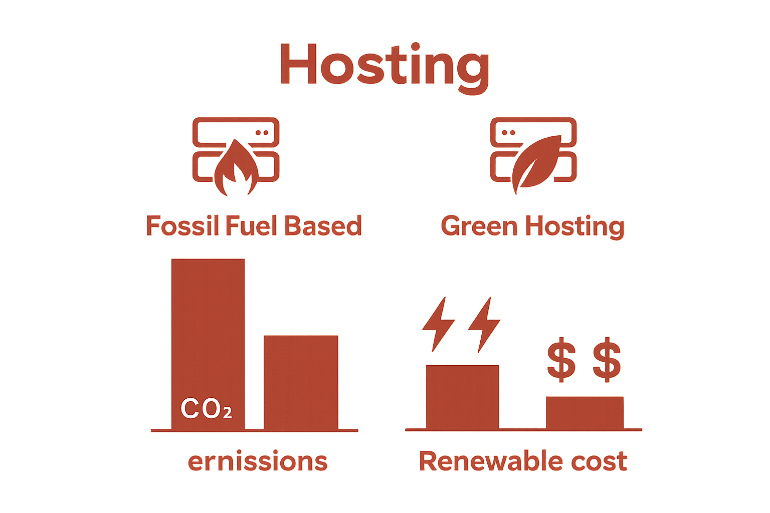 Infographic compares energy, emissions, and cost for green versus traditional hosting