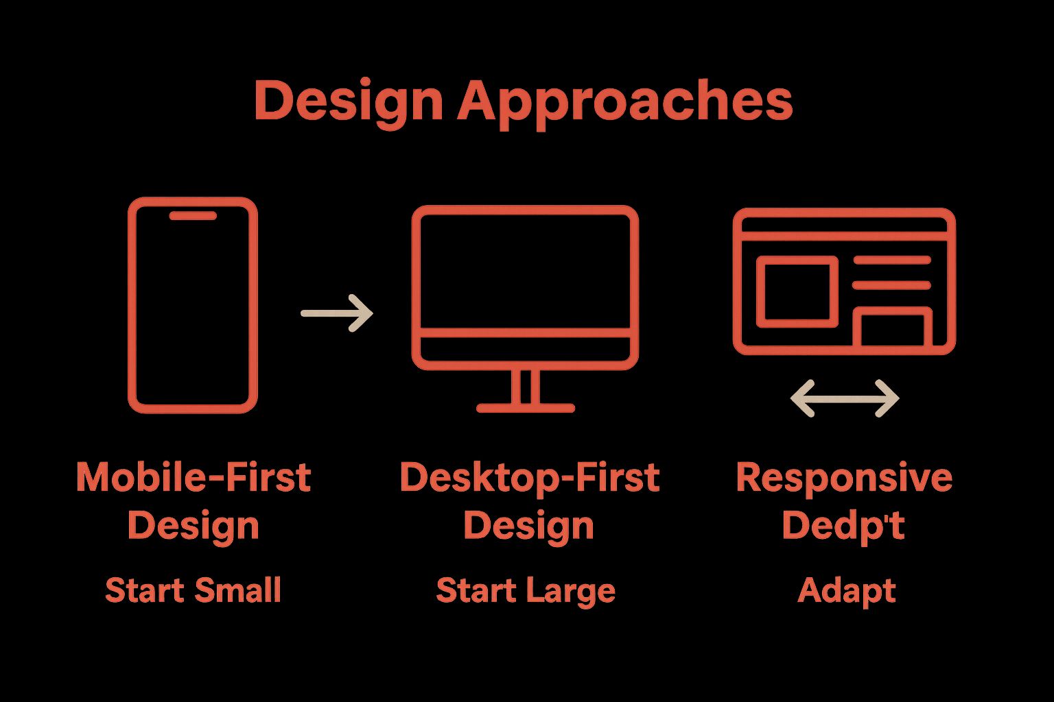 Infographic comparing mobile-first, desktop-first, and responsive design approaches