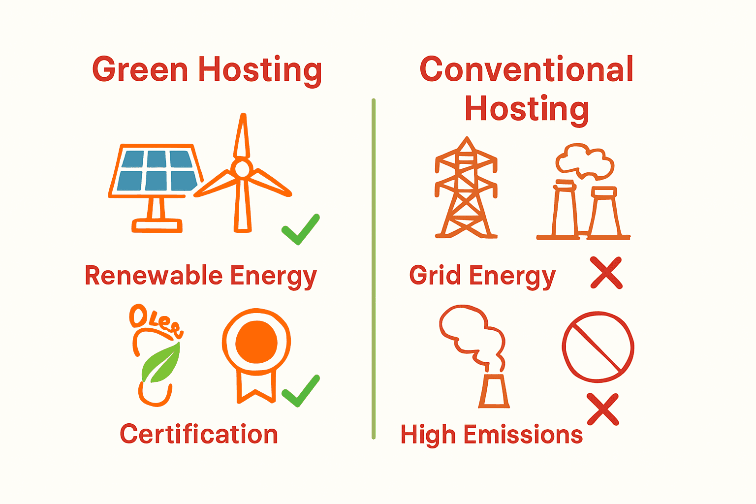 Infographic comparing green hosting and conventional hosting features with icons and colored sections.