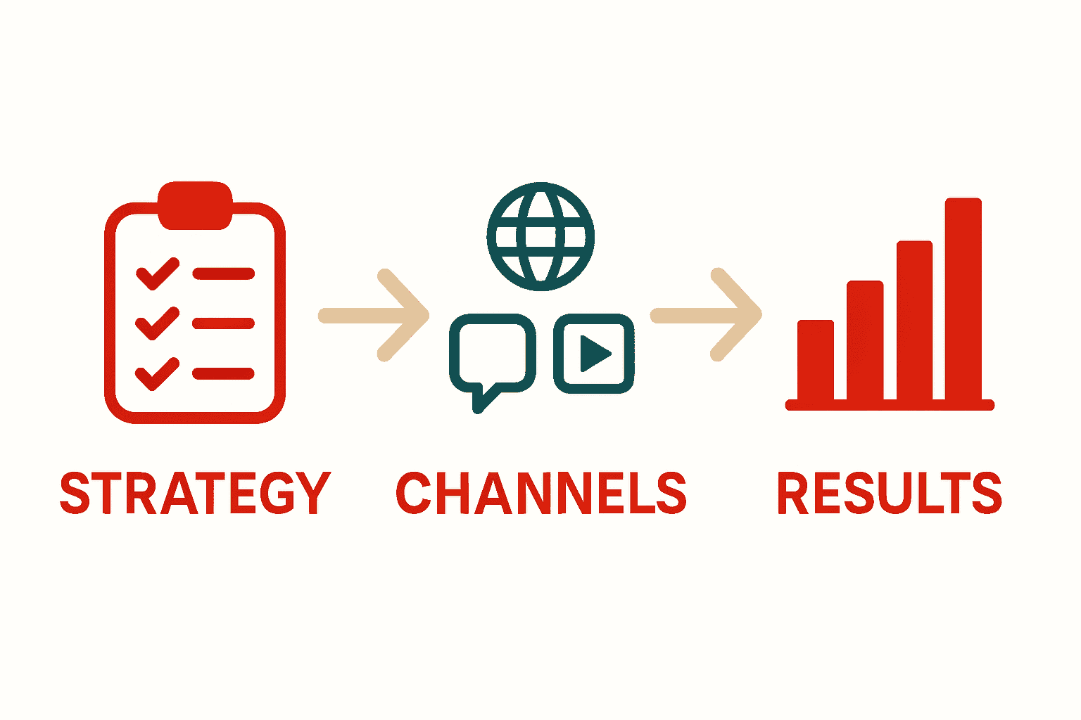 Infographic showing digital marketing flow: strategy, channels, results connected by arrows.