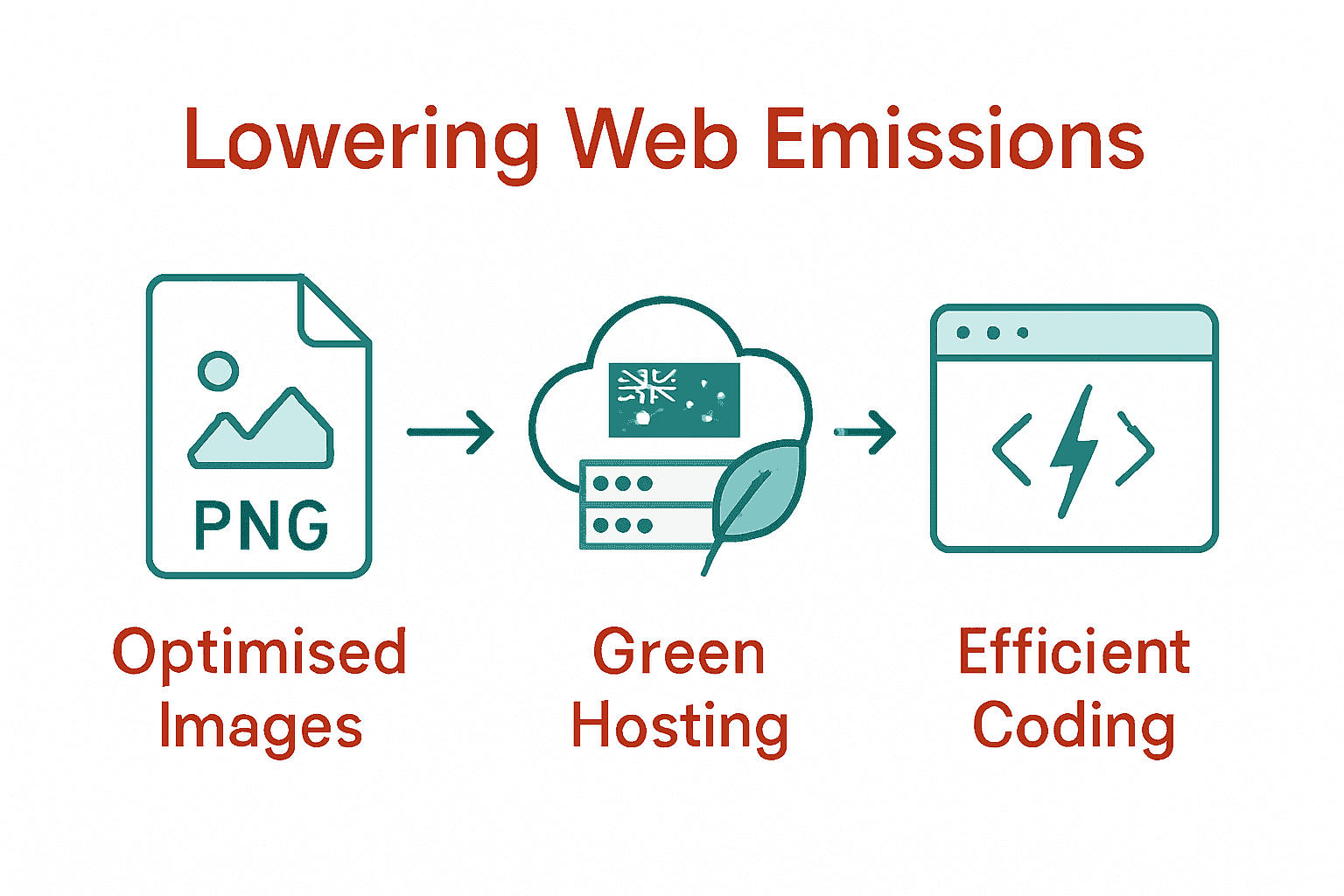 Infographic showing three steps to reduce website carbon emissions: image optimisation, green hosting, efficient coding.