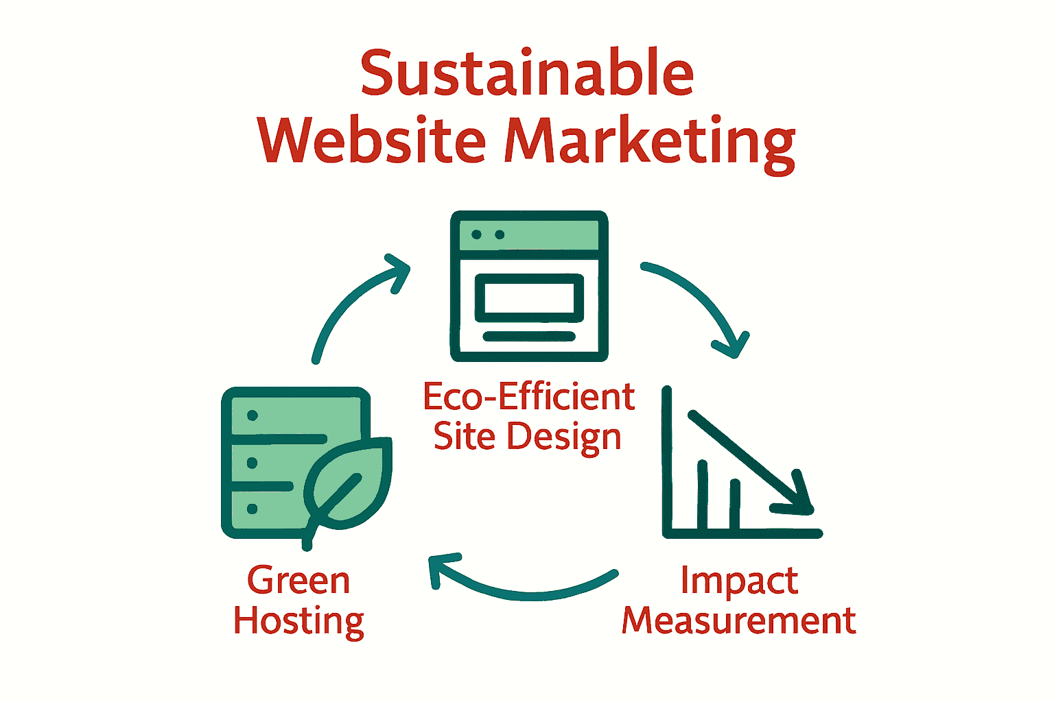 Infographic showing cycle: green hosting, eco-design, impact measurement in sustainable website marketing.